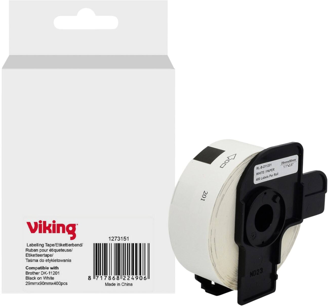 Viking Etiketrol Compatibel Brother DK-11201 WB-BRRLD11201-WT Klevend Zwart op Wit 29 x 85 mm  Thermisch 400 Etiketten