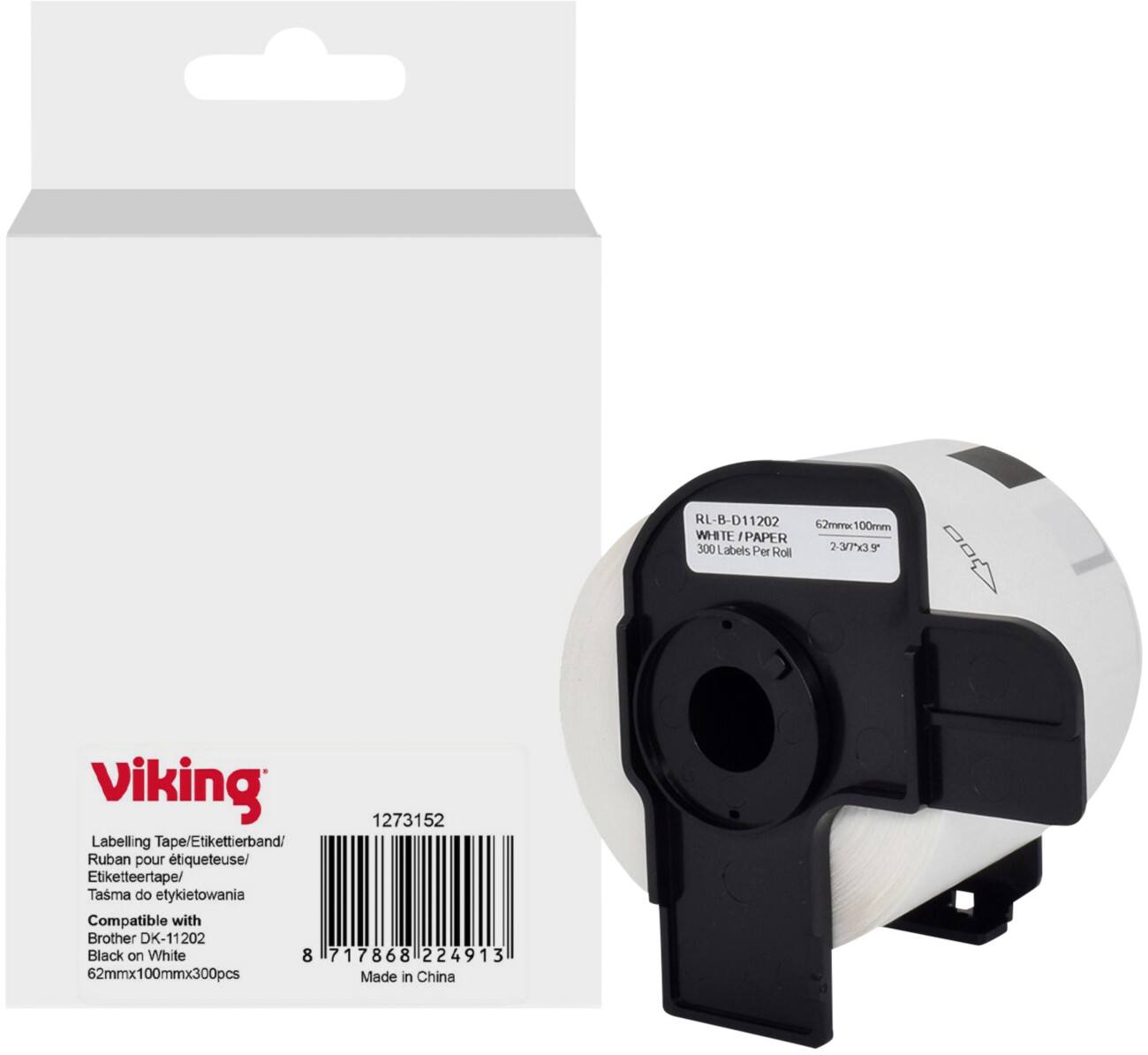 Viking Etiketrol Compatibel Brother DK-11202 WB-BRRLD11202-WT Klevend Zwart op Wit 62 x 90 mm  Thermisch 300 Etiketten