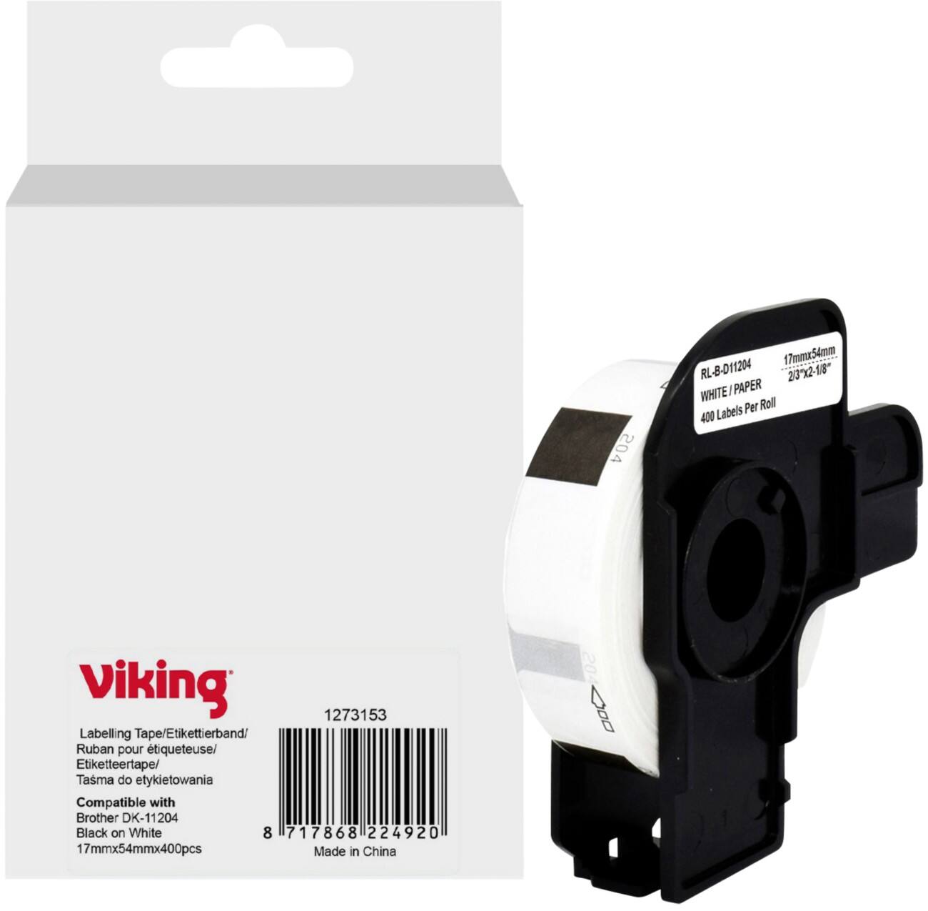 Viking Etiketrol Compatibel Brother DK-11204 WB-BRRLD11204-WT Klevend Zwart op Wit 17 x 85 mm  Thermisch 400 Etiketten