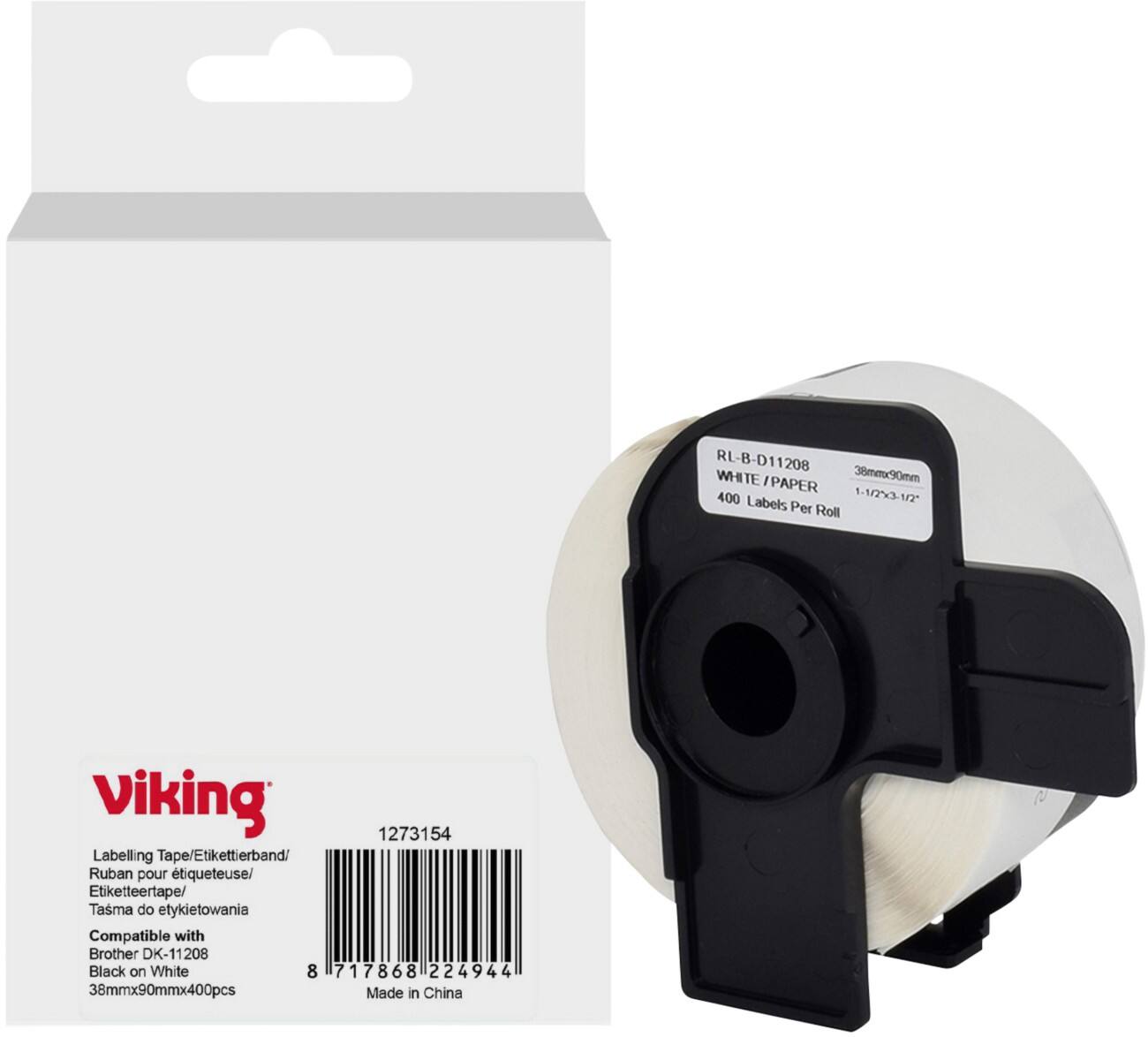 Viking Etiketrol Compatibel Brother DK-11208 WB-BRRLD11208-WT Klevend Zwart op Wit 38 x 65 mm  Thermisch 400 Etiketten