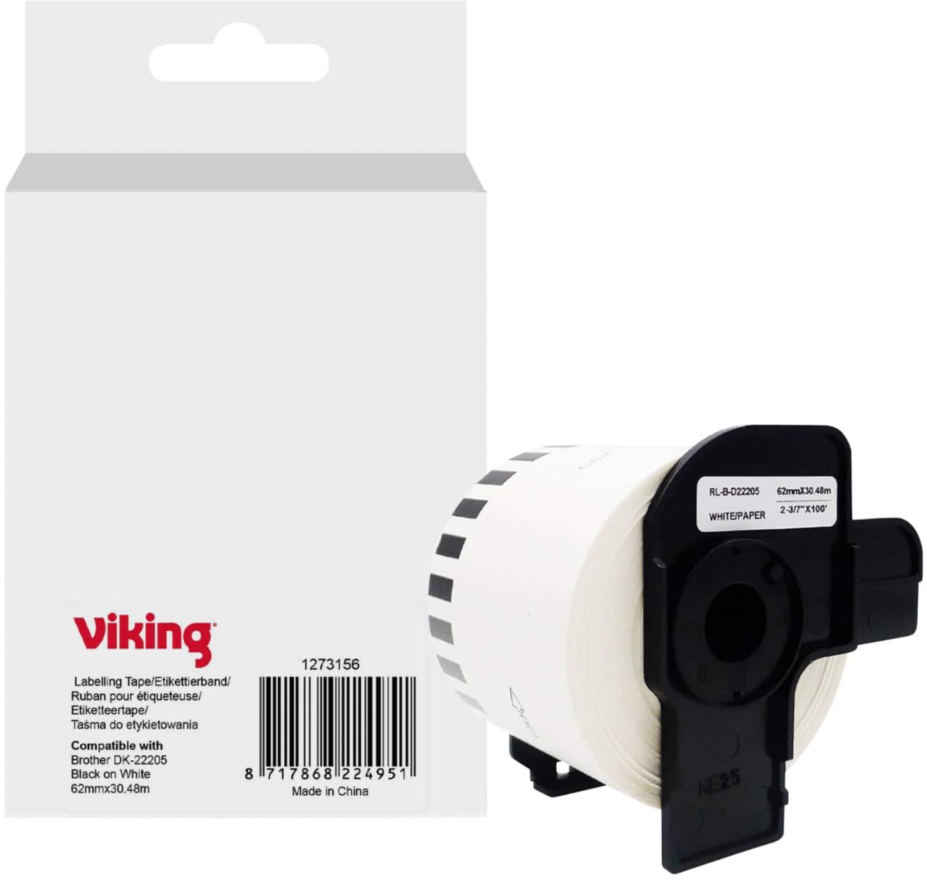 Viking Etiketrol Compatibel Brother DK-22205 WB-BRRLD22205-WT Klevend Zwart op Wit 62 x 90 mm  Thermisch 30 m