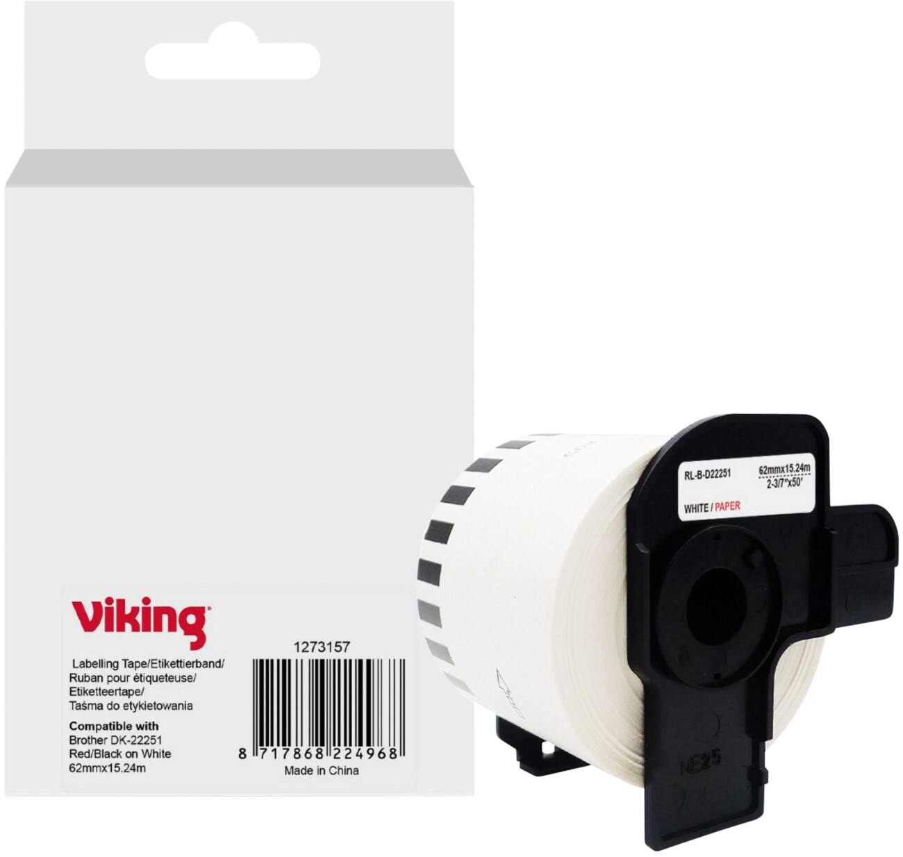 Viking Etiketrol Compatibel Brother DK-22251 WB-BRRLD22251-WT Klevend Zwart op Wit 62 x 90 mm Thermisch