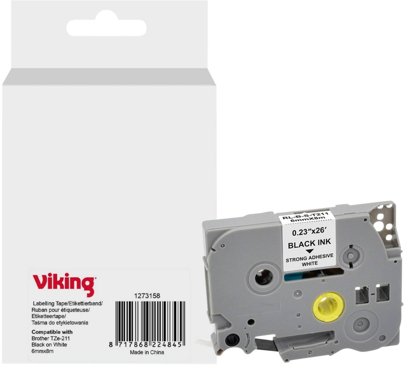 Viking Etiketteertape Compatibel Brother TZe-211 WB-BRRLT211-WT Klevend Zwart op Wit 6 x 93 mm Thermisch
