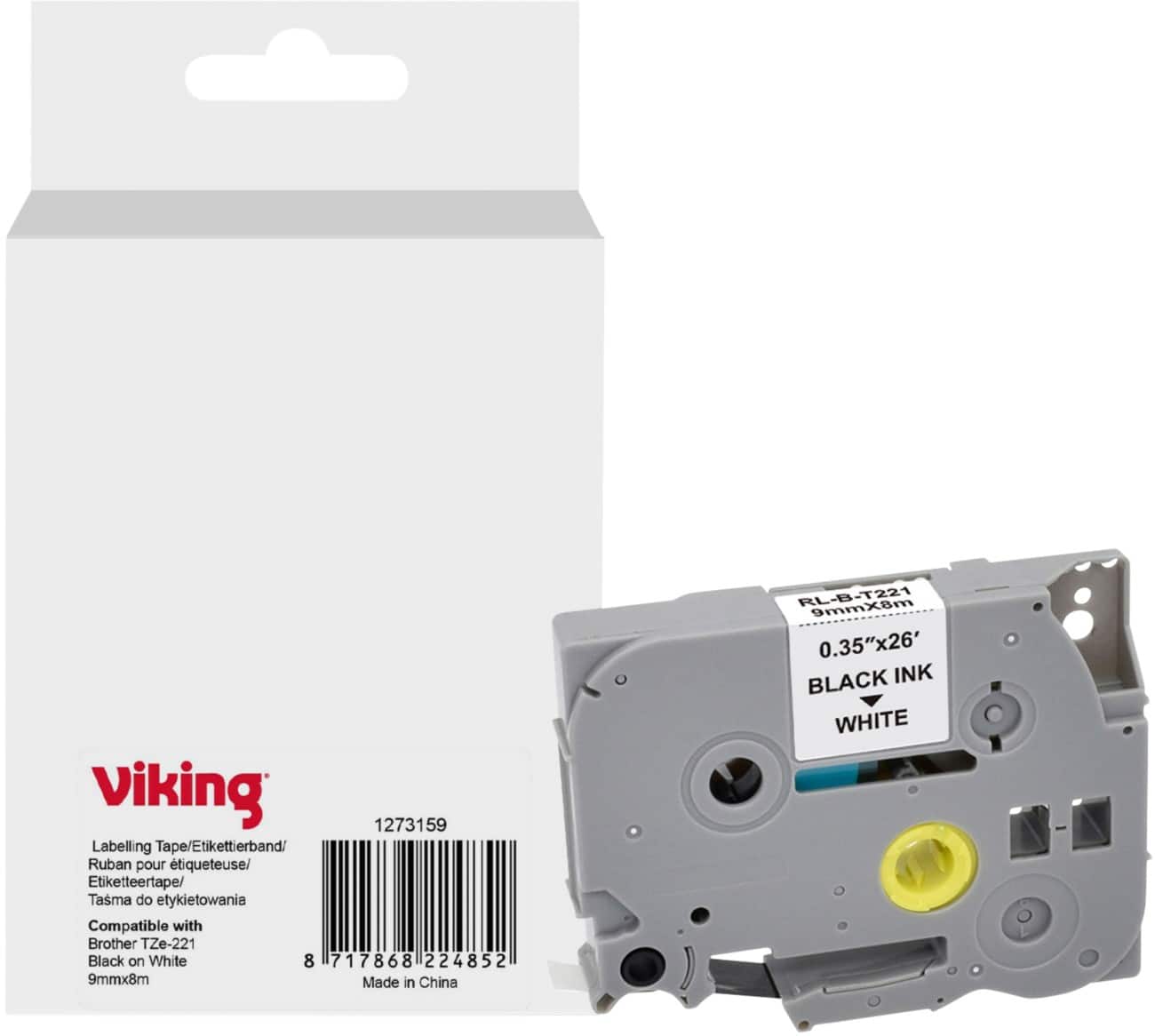 Viking Etiketteertape Compatibel Brother TZe-221 WB-BRRLT221-WT Klevend Zwart op Wit 9 x 93 mm Thermisch