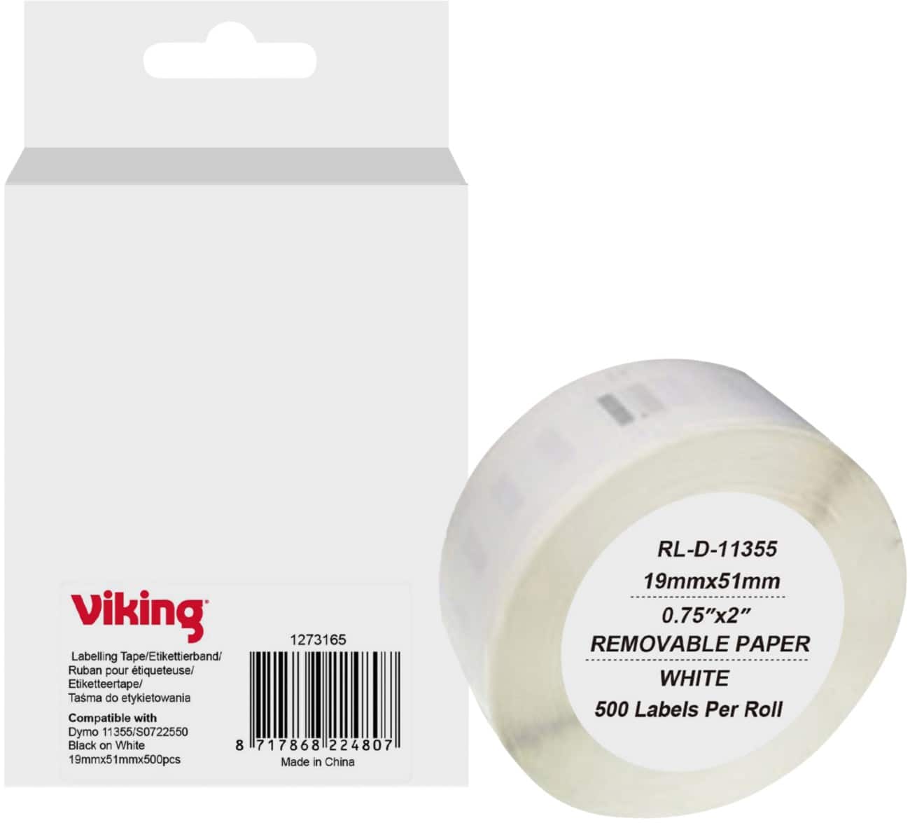 Viking Etiketrol Compatibel DYMO S0722550 WB-DMRL11355-WT Klevend Zwart op Wit 19 x 85 mm  Thermisch 500 Etiketten