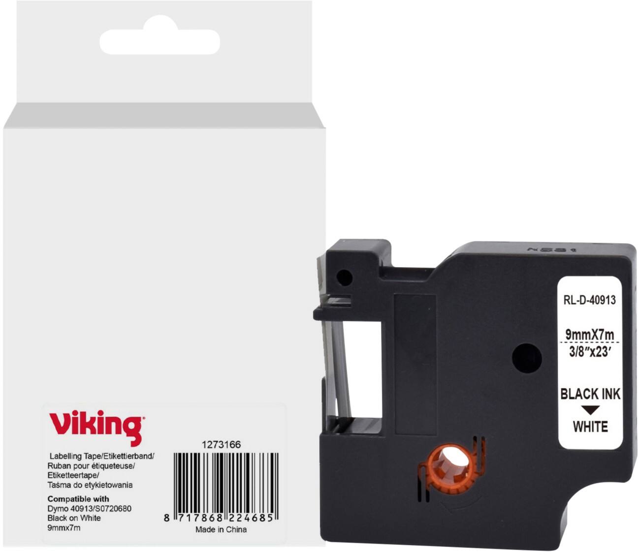 Viking Etiketteertape Compatibel DYMO S0720680 WB-DMRL40913-WT Klevend Zwart op Wit 9 x 75 mm Thermisch