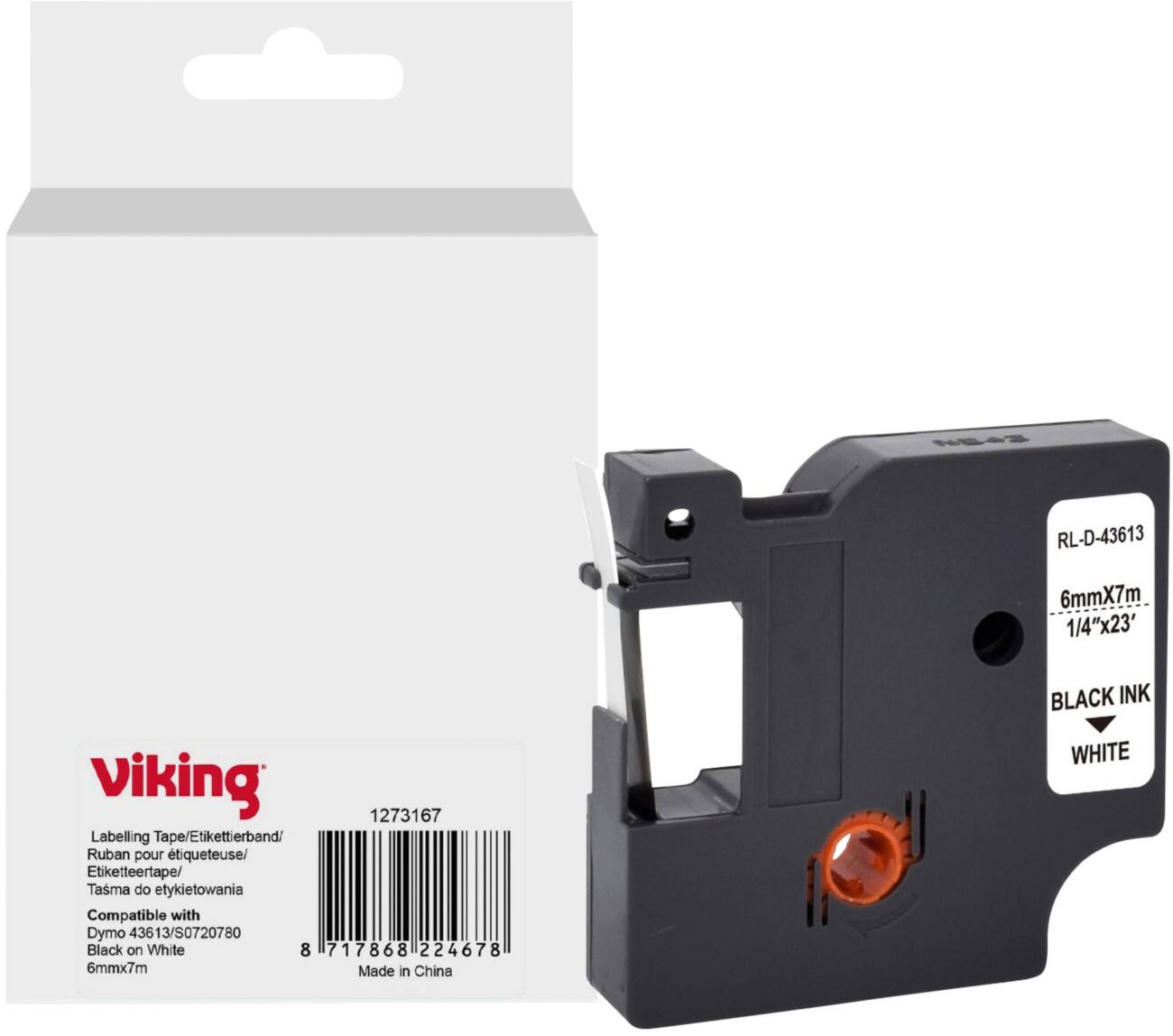 Viking Etiketteertape Compatibel DYMO S0720780 WB-DMRL43613-WT Klevend Zwart op Wit 6 x 75 mm Thermisch