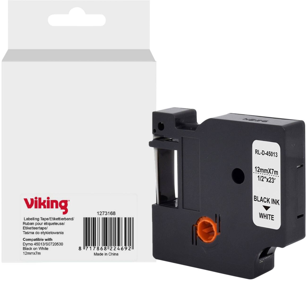 Viking Etiketteertape Compatibel DYMO S0720530 WB-DMRL45013-WT Klevend Zwart op Wit 12 x 75 mm Thermisch
