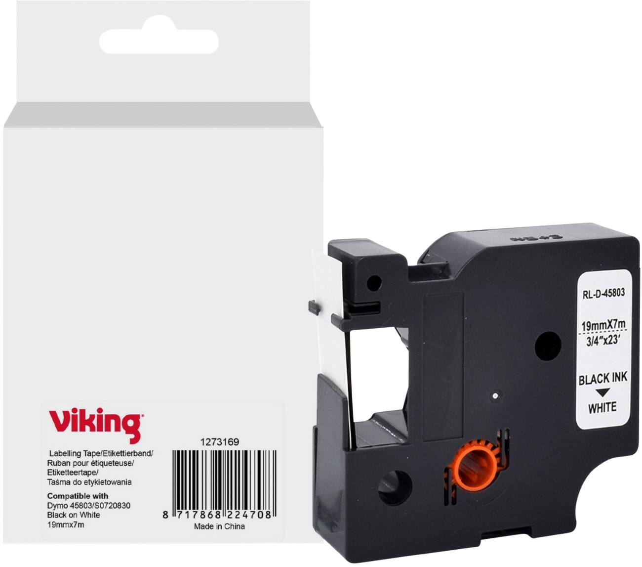 Viking Etiketteertape Compatibel DYMO S0720830 WB-DMRL45803-WT Klevend Zwart op Wit 19 x 75 mm Thermisch