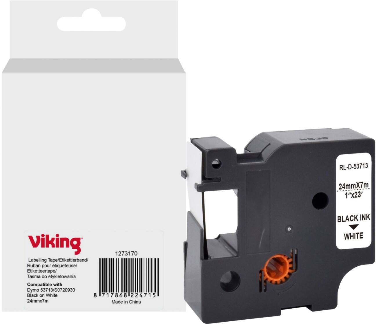 Viking Etiketteertape Compatibel DYMO S0720930 WB-DMRL53713-WT Klevend Zwart op Wit 24 x 75 mm Thermisch