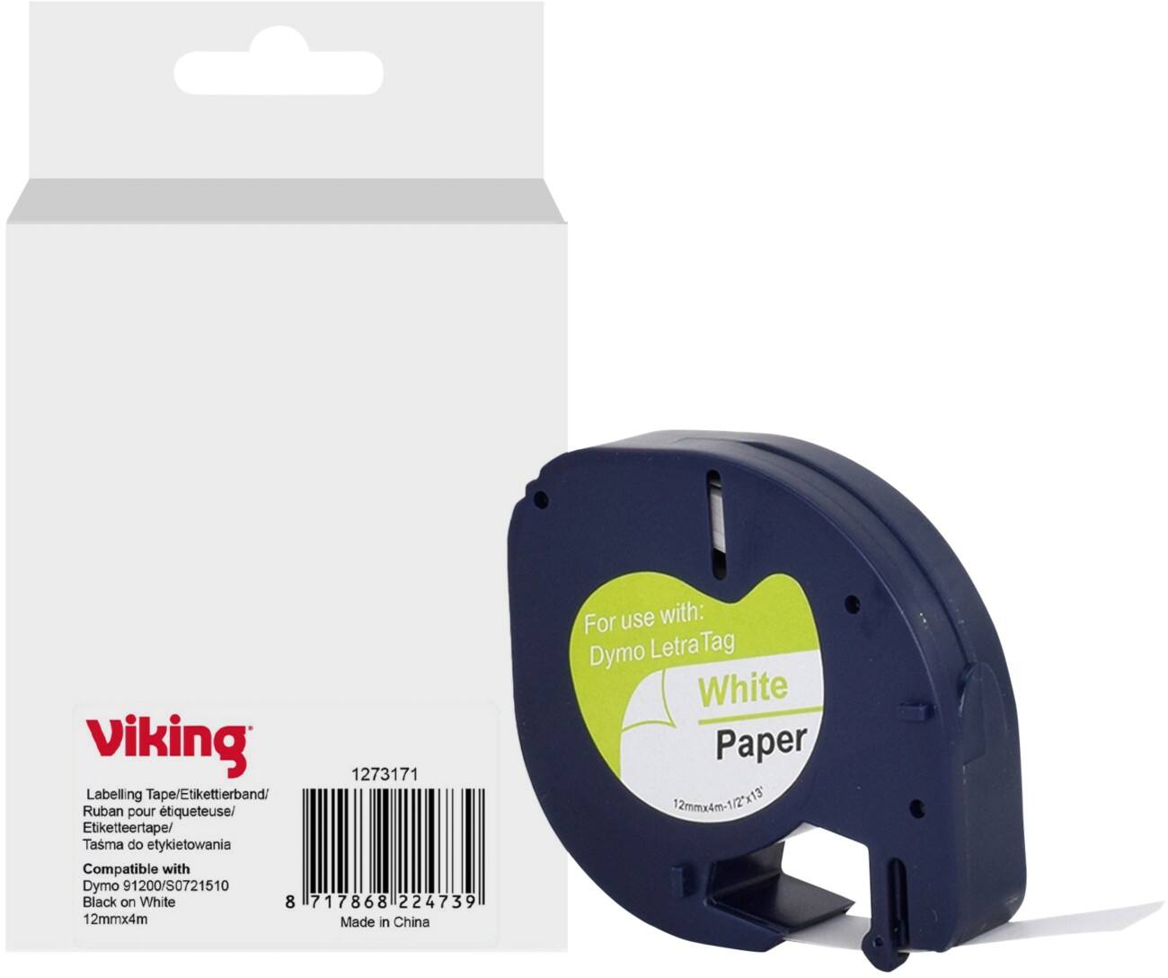 Viking Etiketteertape Compatibel DYMO S0721510 WB-DMRL91200-WT Klevend Zwart op Wit 12 x 75 mm  Thermisch 4 m