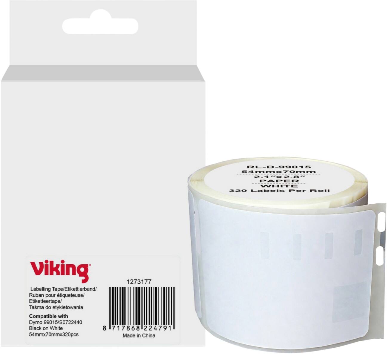 Viking Etiketrol Compatibel DYMO S0722440 WB-DMRL99015-WT Klevend Zwart op Wit 54 x 64 mm Thermisch 320 Etiketten