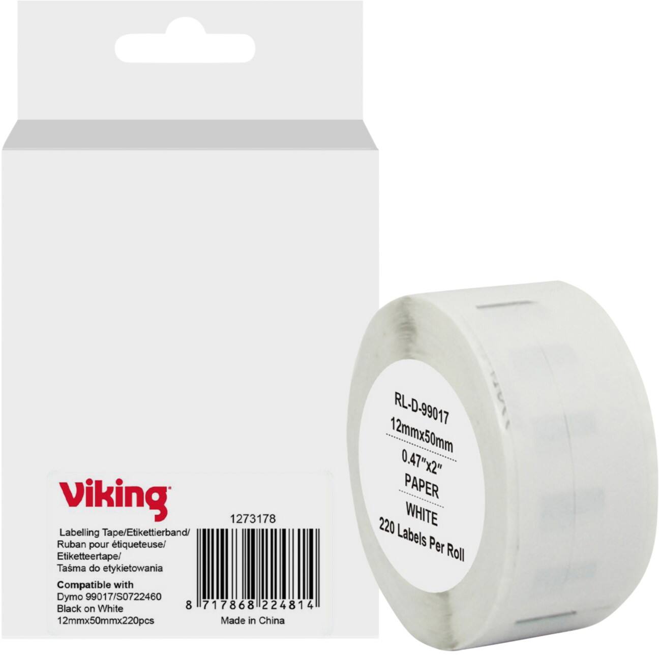 Viking Etiketrol Compatibel DYMO S0722460 WB-DMRL99017-WT Klevend Zwart op Wit 12 x 60 mm  Thermisch 220 Etiketten