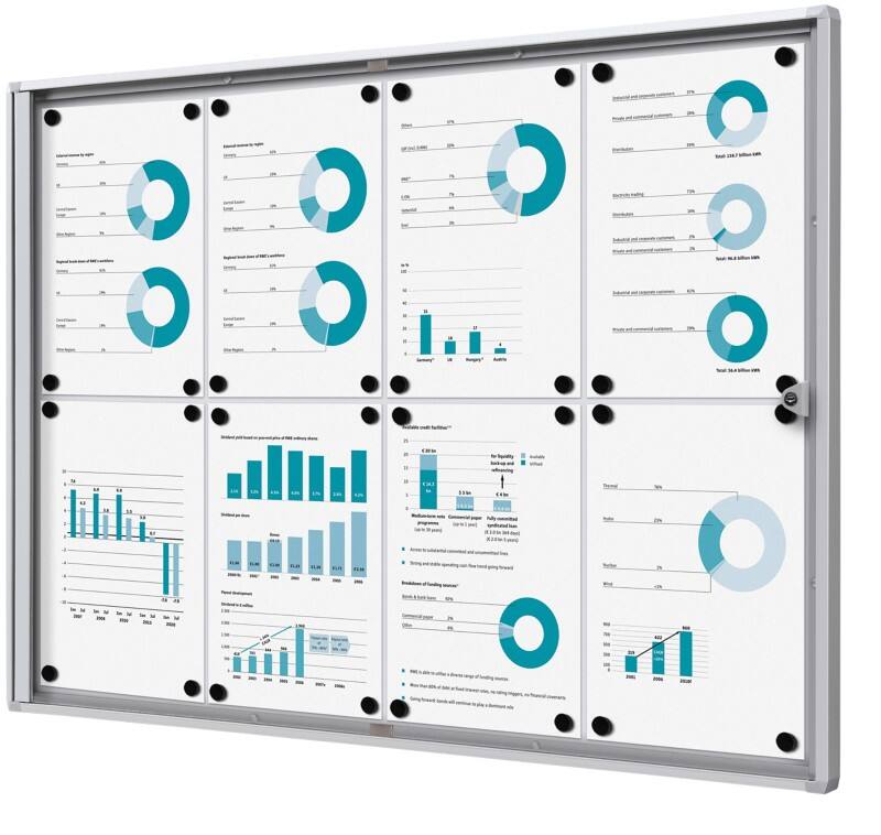 SHOWDOWN Vergrendelbaar notitiebord Magnetisch 8 x A4 Afsluitbaar 93,1 (B) x 65,5 (H) cm Zilver