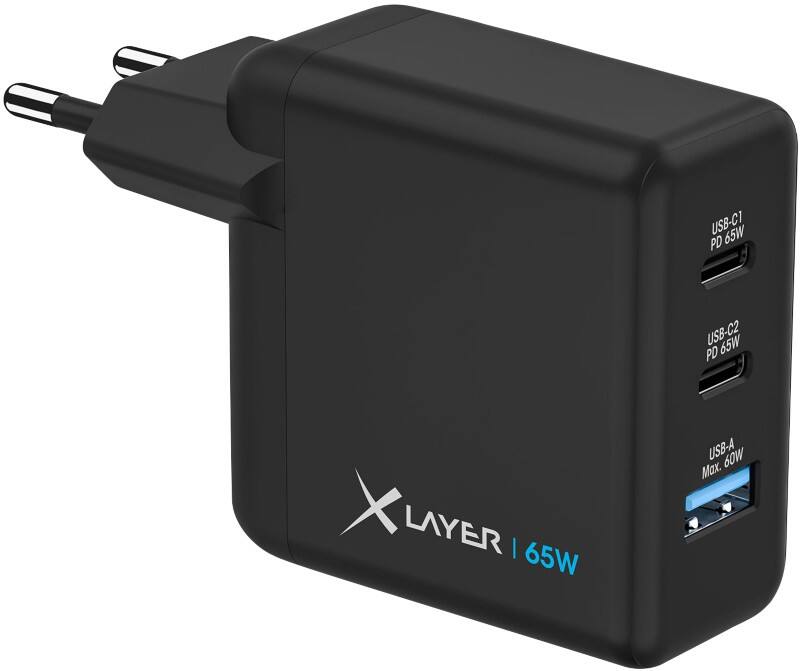 XLayer Oplader 65W 2 x USB-C 65W 1 x USB-A QC 60W Zwart