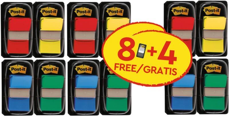 Post-it Indexen 25,4 mm x 43,2 mm Kleurenassortiment 50 Strips/dispenser Verpakking met 12 dispensers Voordeelverpakking 8 + 4 Gratis