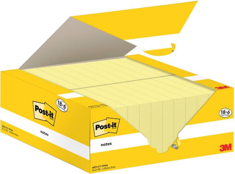 Post-it Zelfklevende memoblaadjes Kanariegeel 38 x 51 mm 24 Blokken à 100 Vellen Value Pack 18+6 Gratis