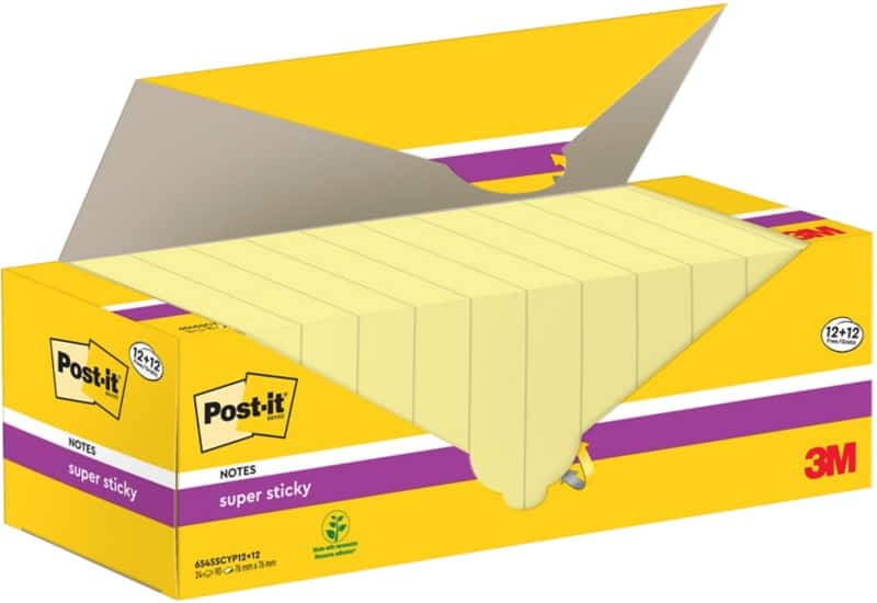 Post-it Super Sticky Notes 76 x 76 mm Kanariegeel 24 Blokken à 90 vellen 12 + 12 Gratis