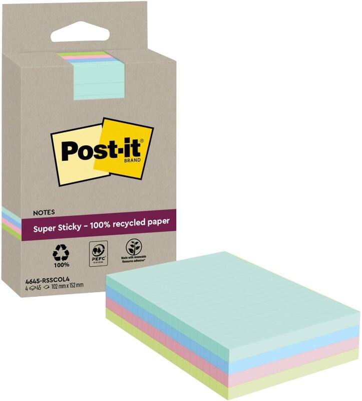 Post-it Super Sticky Notes Kleurenassortiment 102 x 152 mm 4 Blokken à 45 Vellen