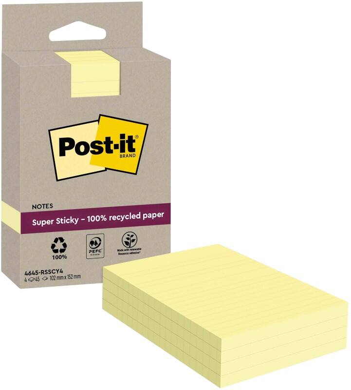 Post-it Super Sticky Notes Kanariegeel Gelinieerd 102 x 152 mm 4 Blokken à 45 Vellen