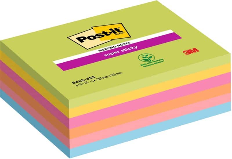 Post-it Super Sticky Notes 203 x 153 mm Kleurenassortiment 6 Blokken à 45 Vellen