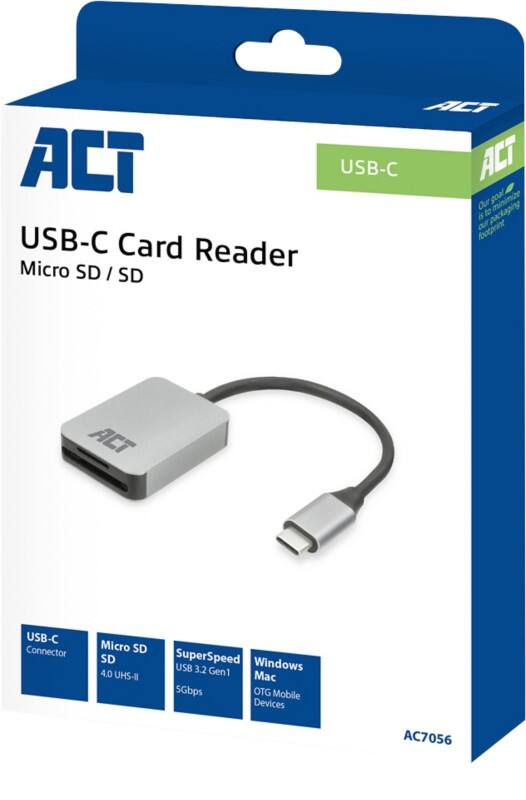 ACT USB-C-kaartlezer voor SD en micro SD, SD 4,0 UHS-II