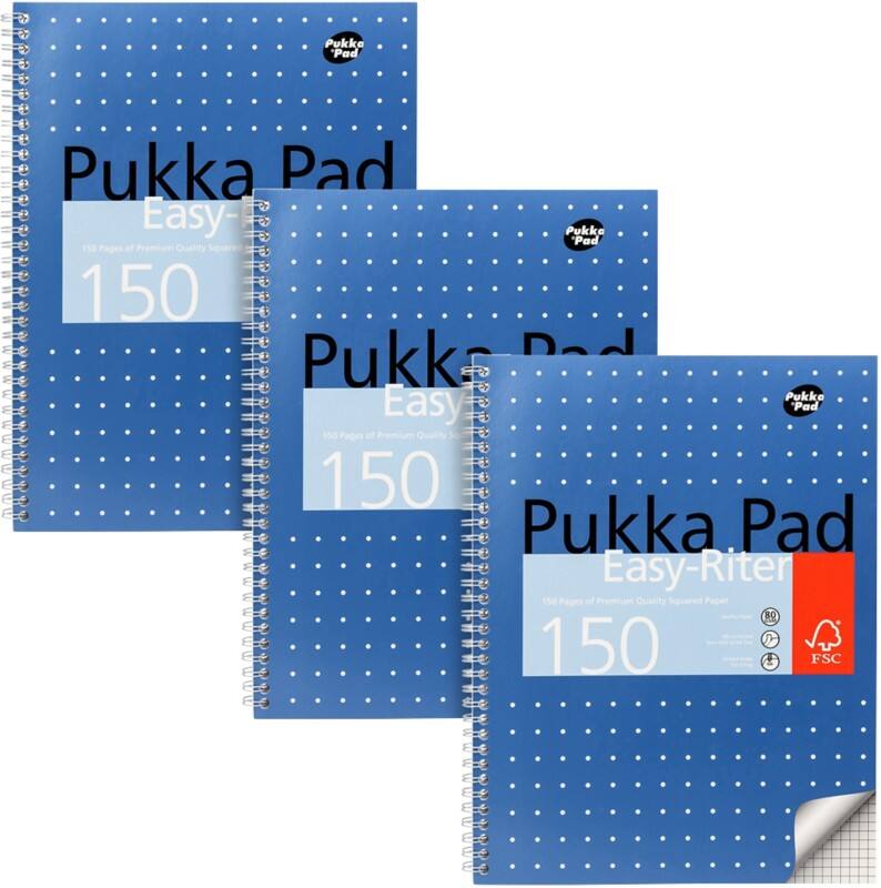 Pukka Metallic Schrijfblok A4 Geruit Dubbeldraads Zijgebonden Karton Harde rug Metallic blauw Geperforeerd 150 Pagina's 3 stuks à 150 vellen