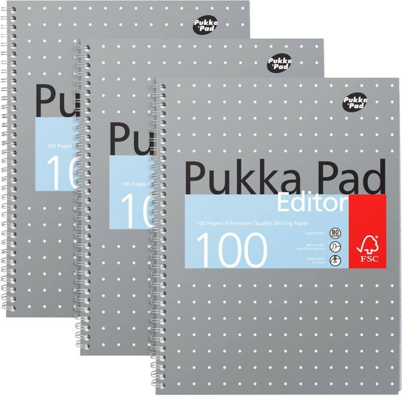 Pukka Metallic Schrijfblok A4 Gelinieerd Dubbeldraads Zijgebonden Karton Harde rug Grijs Geperforeerd 100 Pagina's Pak van 3