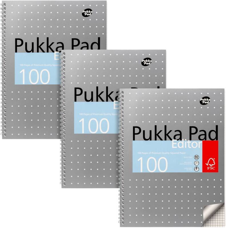 Pukka Metallic Schrijfblok A4 Geruit Dubbeldraads Zijgebonden Karton Harde rug Grijs Geperforeerd 100 Pagina's Pak van 3