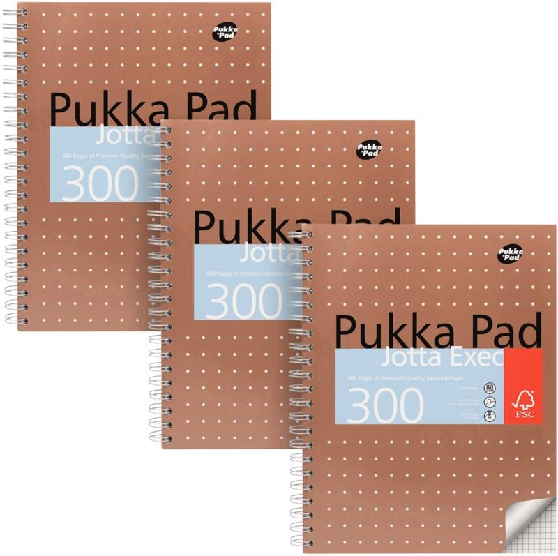 Pukka Metallic Schrijfblok A4 Geruit Dubbeldraads Zijgebonden Karton Harde rug Brons Geperforeerd 300 Pagina's Pak van 3