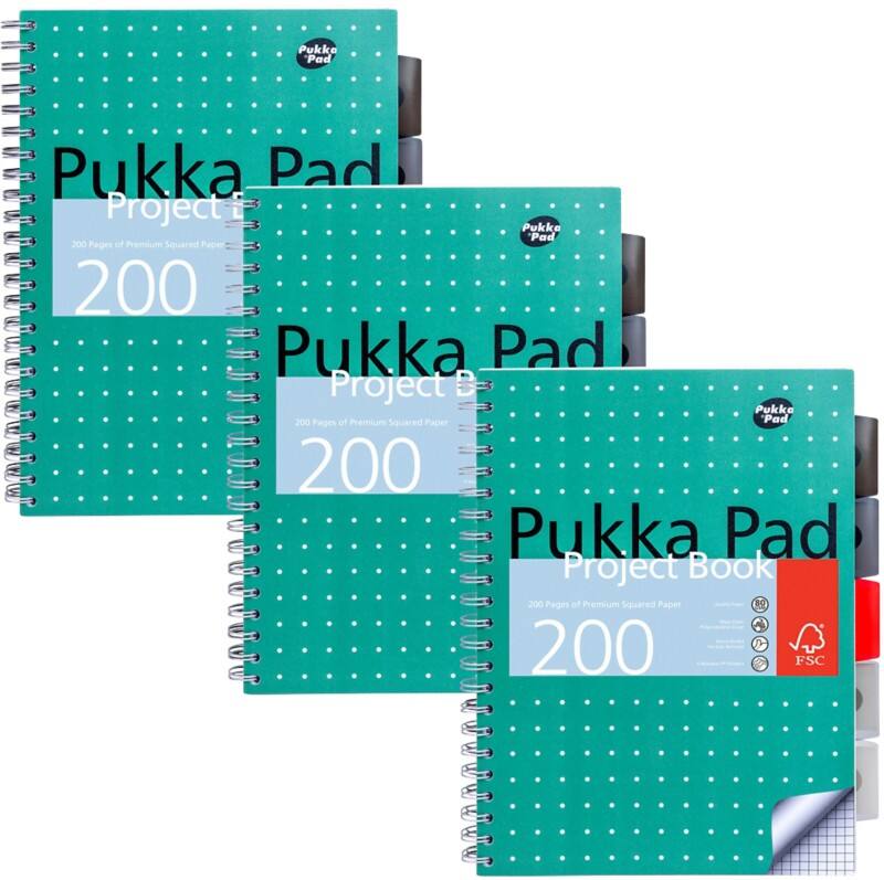Pukka Metallic Schrijfblok A4 Geruit Dubbeldraads Zijgebonden PP (Polypropeen) Harde rug Groen Niet geperforeerd 200 Pagina's Pak van 3