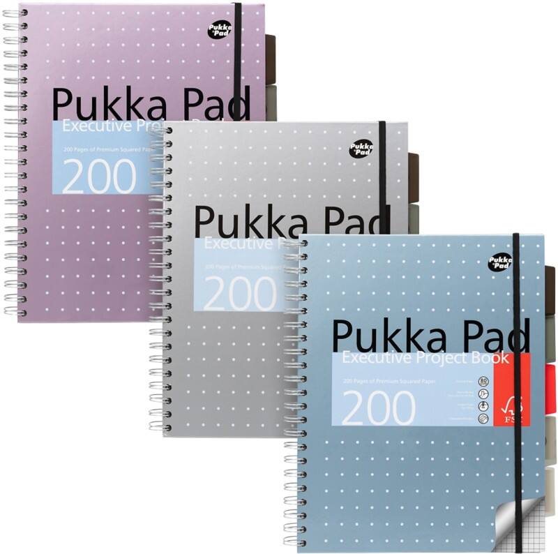 Pukka Metallic Schrijfblok A4 Geruit Dubbeldraads Zijgebonden Harde rug Kleurenassortiment Geperforeerd 200 Pagina's Pak van 3