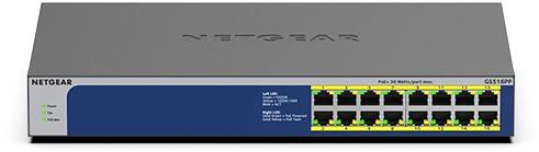 NETGEAR GS516PP Schakelaar Unmanaged Gigabit Ethernet (10/100/1000) Power over Ethernet (PoE) Blauw, grijs