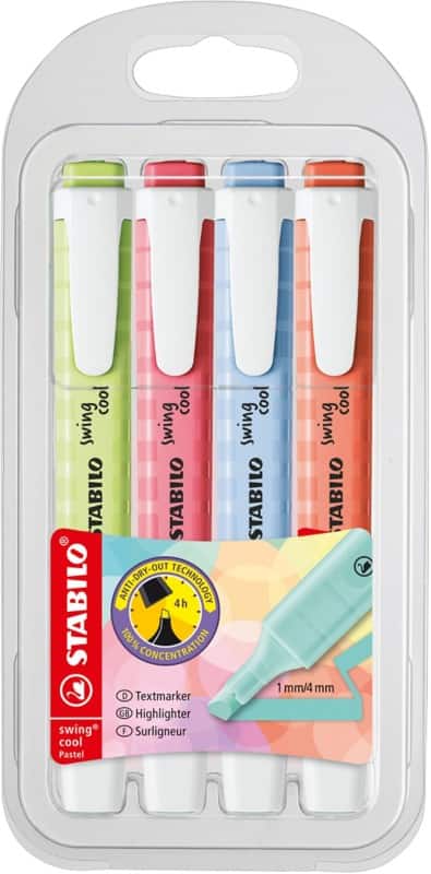 STABILO Swing Cool 275/4-08-1 Tekstmarker Kleurenassortiment Breed Beitelpunt - 4 Stuks