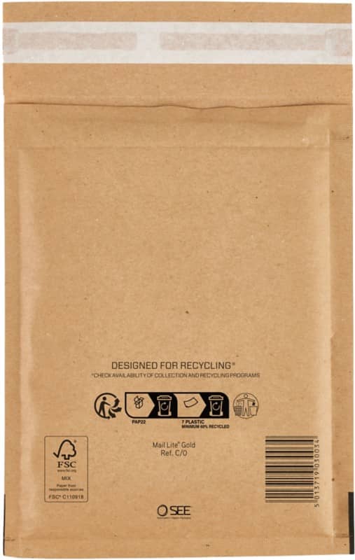 Mail Lite Gevoerde enveloppen C/0 Goud Zonder venster Kleefstrip 200 Stuks