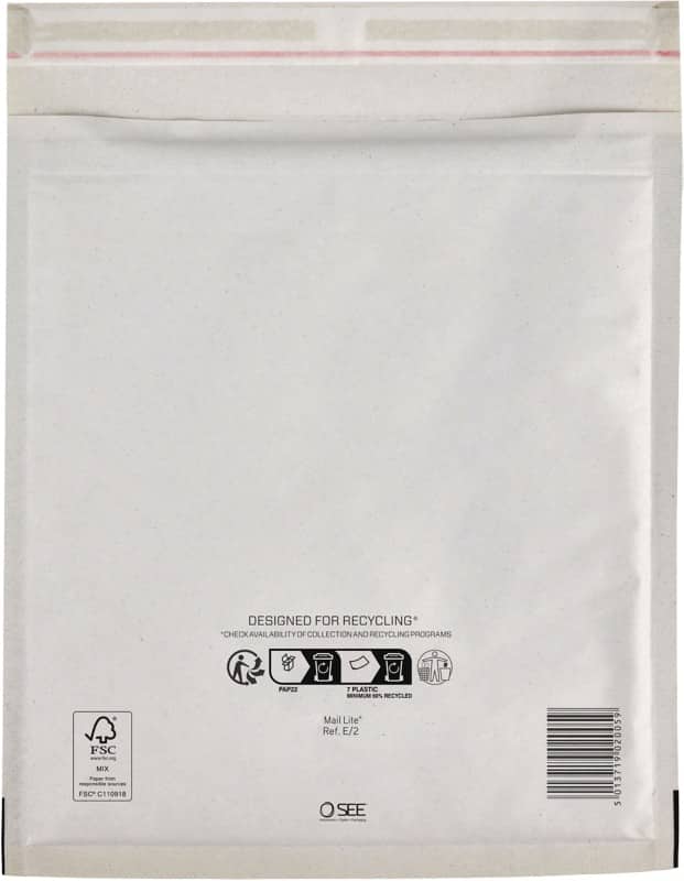 Mail Lite Gevoerde enveloppen E/2 Wit Zonder venster Kleefstrip 200 Stuks