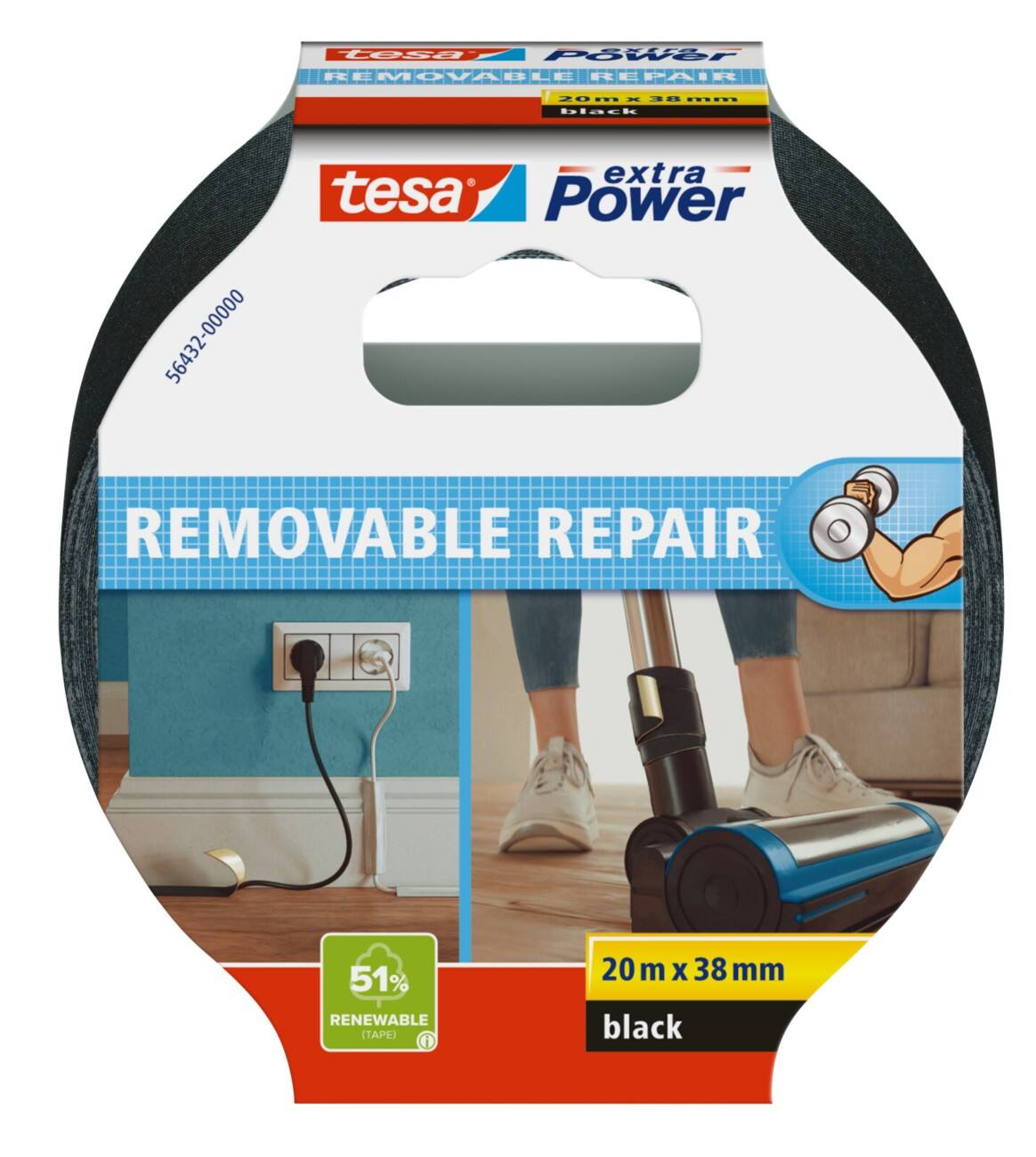 tesa extra Power Ducttape Zwart Removable Repair 20 m x 38 mm