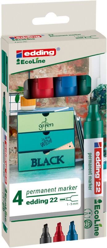 edding ecoline E-22 Permanentmarker Beitelpunt - 5 mm Kleurenassortiment Navulbaar 4 Stuks