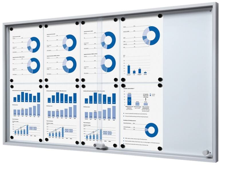 SHOWDOWN Vitrine Magnetisch 10 x A4 Wandmontage Afsluitbaar Binnen 112,6 (B) x 64,1 (H) cm Zilver