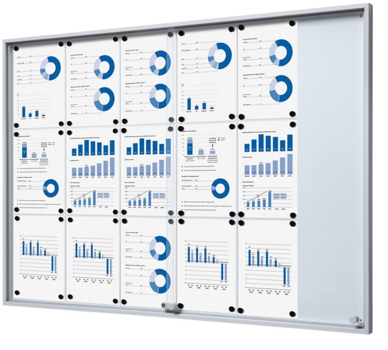 SHOWDOWN Vitrine Magnetisch 18 x A4 Wandmontage Afsluitbaar Binnen 134,6 (B) x 94,8 (H) cm Zilver