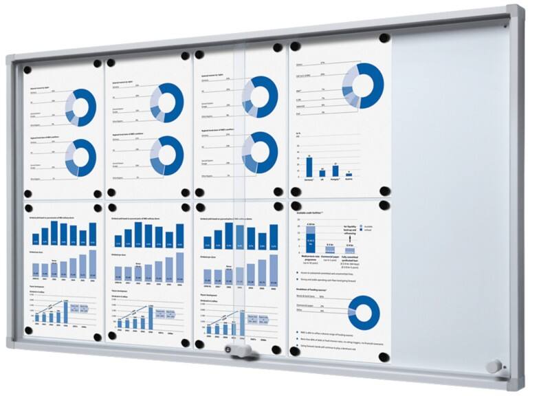 SHOWDOWN Vitrine Magnetisch 10 x A4 Wandmontage Afsluitbaar Binnen 64,1 (B) x 112,6 (H) cm Zilver