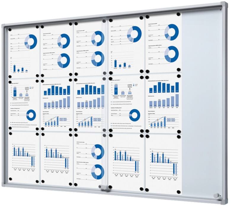 SHOWDOWN Vitrine Magnetisch 18 x A4 Wandmontage Afsluitbaar Binnen 94,8 (B) x 134,6 (H) cm Zilver