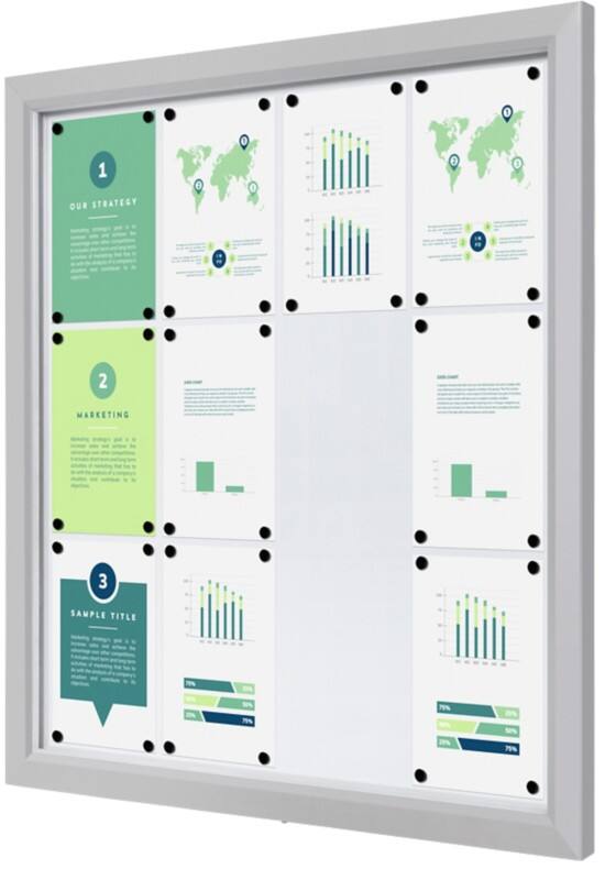 SHOWDOWN Vitrine Magnetisch 12 x A4 Wandmontage Afsluitbaar Buiten 97 (B) x 101,2 (H) cm Zilver
