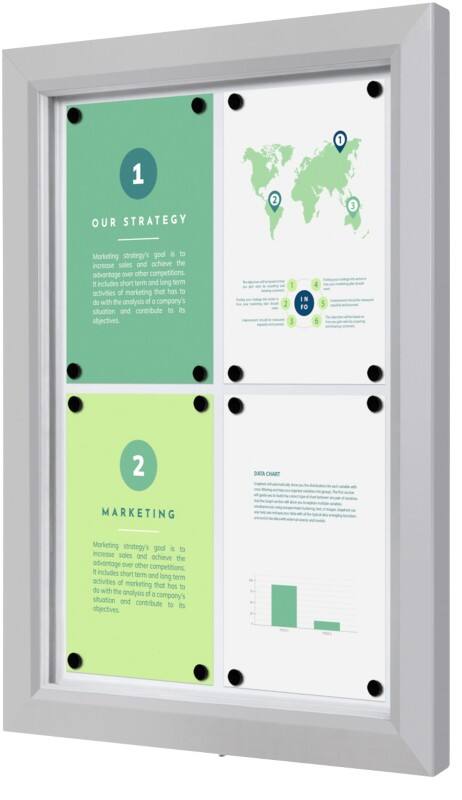 SHOWDOWN Vitrine Magnetisch 4 x A4 Wandmontage Afsluitbaar Buiten 53 (B) x 70,5 (H) cm Zilver