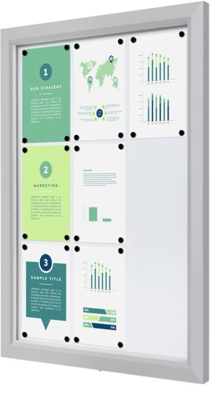SHOWDOWN Vitrine Magnetisch 9 x A4 Wandmontage Afsluitbaar Buiten 75 (B) x 101,2 (H) cm Zilver