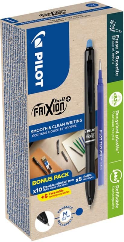 Pilot FriXion Ball Plus Rollerballpen Blauw 0,4 mm Medium Rollerball 82% Gerecycled 10 Stuks + 10 Navullingen