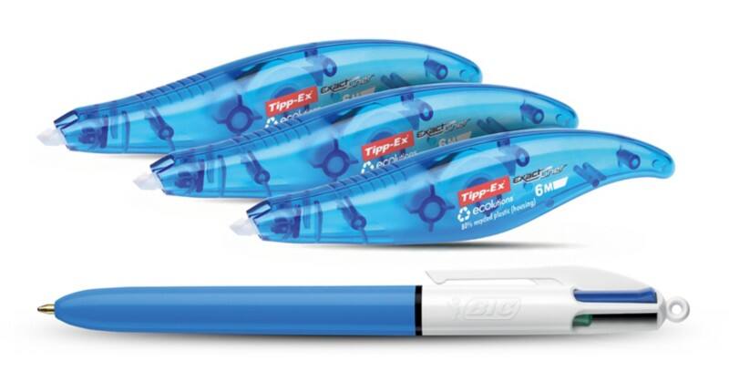Tipp-Ex Exact Liner Correctieroller 5 mm x 6 m Blauw 3 stuks + BIC 4-kleurenbalpen