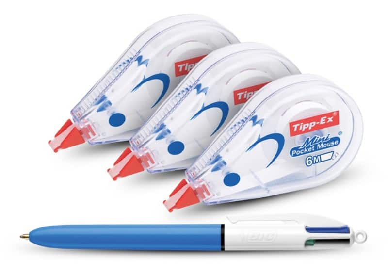 Tipp-Ex Mini Pocket Correctieroller 5 mm x 6 m Transparant 3 stuks + BIC 4-kleurenbalpen