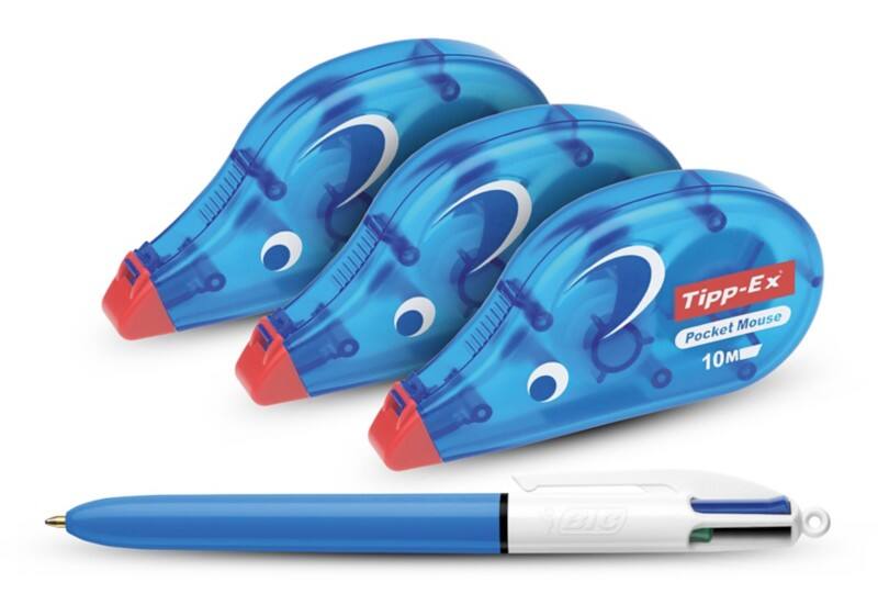 Tipp-Ex Pocket Mouse Correctieroller 4,2 mm x 10 m 3 stuks + BIC 4-kleurenbalpen