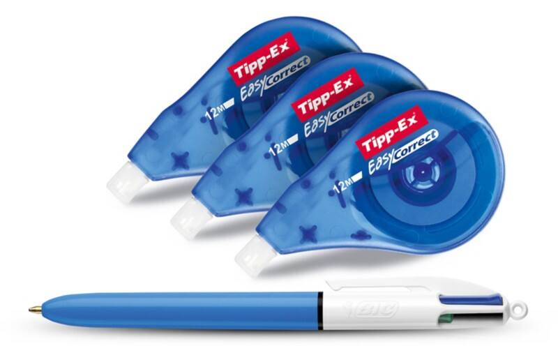 Tipp-Ex Easy Correct Correctieroller 4,2 mm x 12 m 3 stuks + BIC 4-kleurenbalpen
